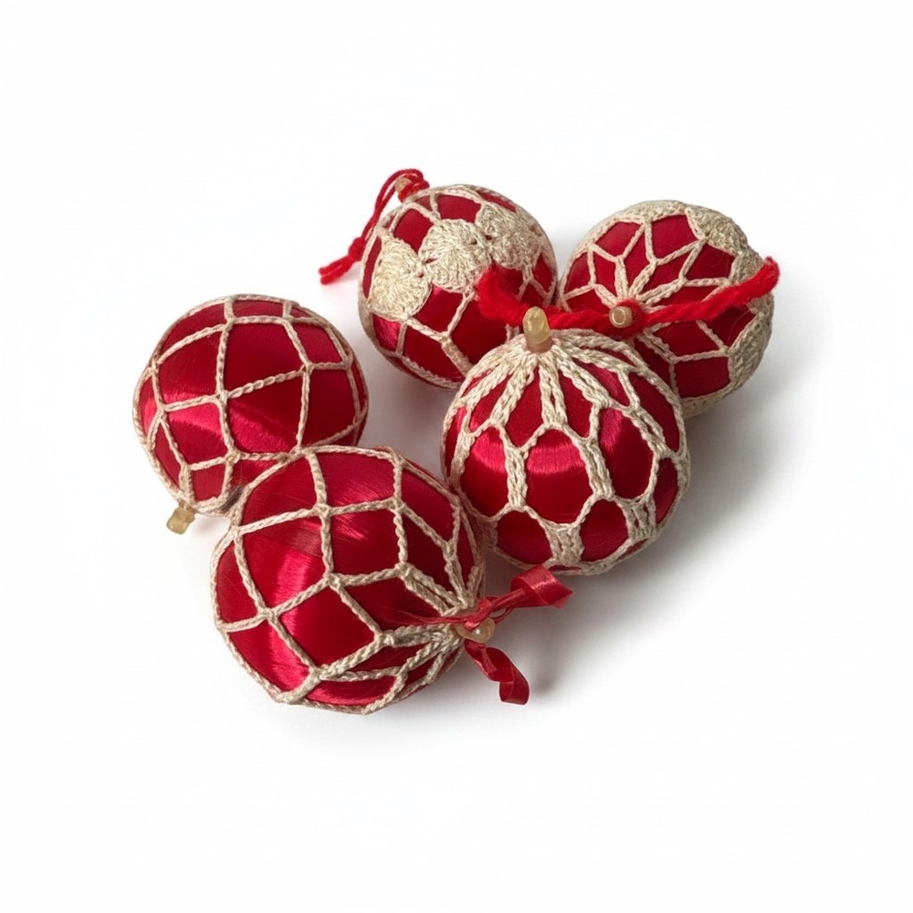 VTG Christmas Ornaments OS Red Crochet Net Satin Set of 5
